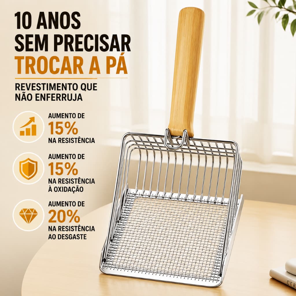 Pá Higiênica de Aço Inox 2 em 1 para Areia de Gatos – Peneira Fina Dupla, Cabo de Madeira, Antiderrapante, Fácil Limpeza