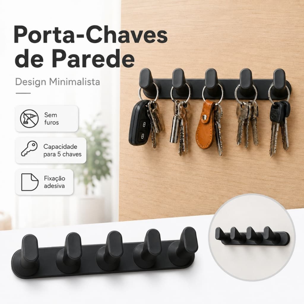 Porta Chaves de Parede Organizador Minimalista de Chaves Escritório Hall Entrada da Casa Sem Furos