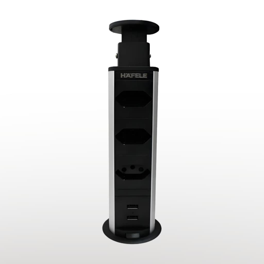 Torre De Tomadas Retrátil Häfele PowerPlug G4 Preta 3 Tomadas 2 USB Embutir Mesa Bancada