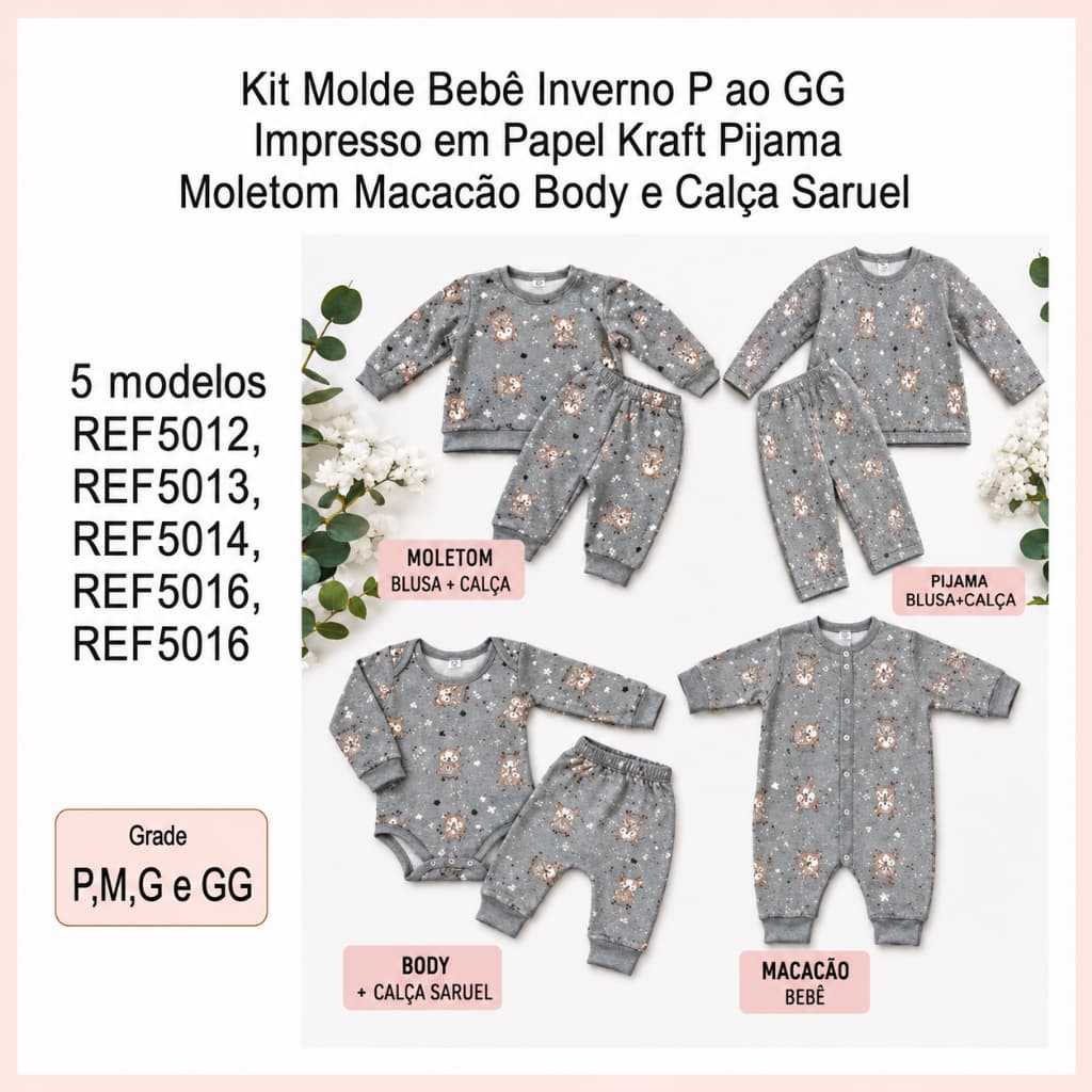 Kit Molde Bebê Pijama,moletom,macacão,body e Calça Saruel MULTITAMANHOS EM UMA FOLHA