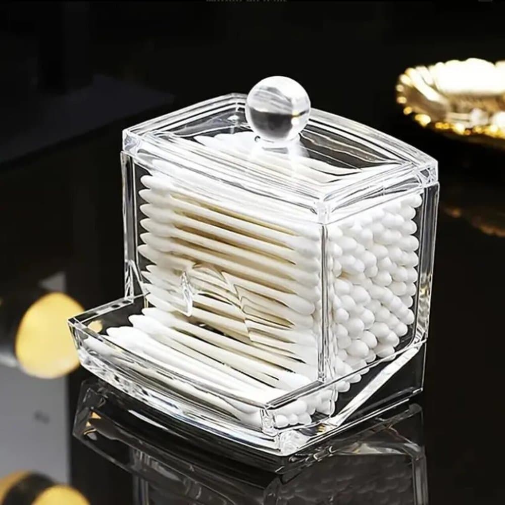 DISPENSER PARA HASTES DE ALGODÃO COM TAMPA, PRÁTICO, HIGIÊNICO, ELEGANTE E IDEAL PARA ORGANIZAR SEU BANHEIRO!