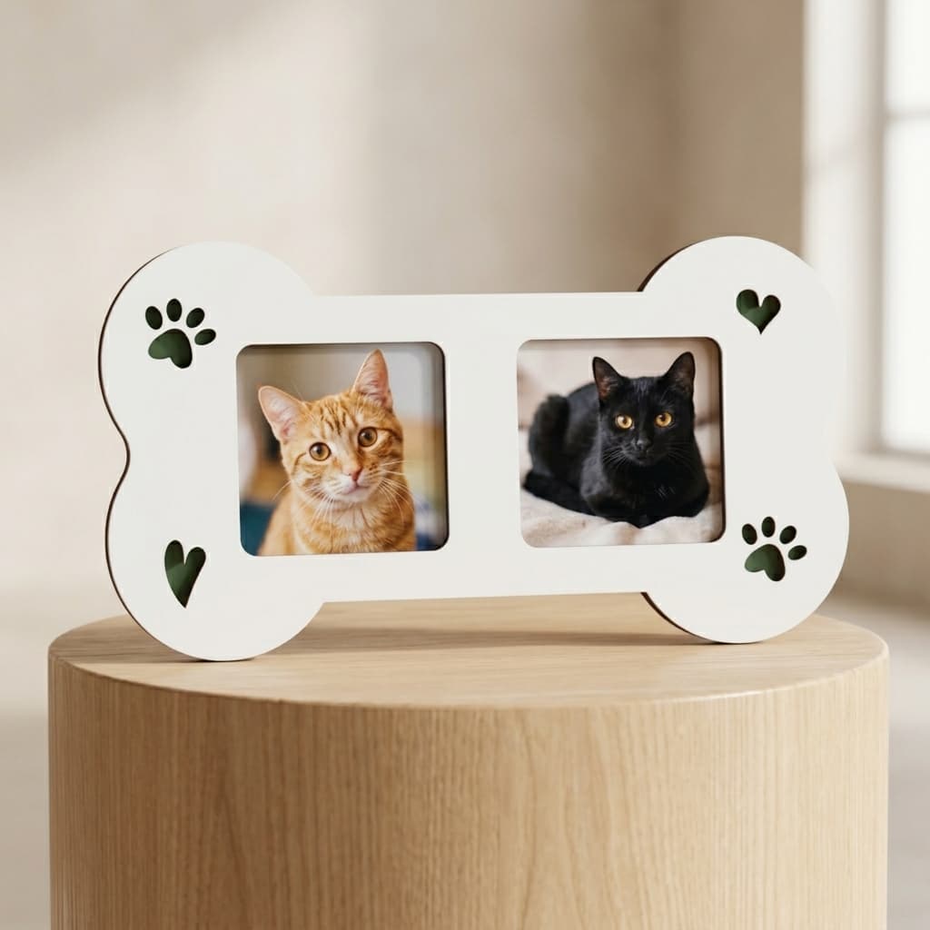 Porta Retrato Pet Duplo em Formato de Osso Moldura Decorativa Fotos de Pets Presente para Donos de Cachorros e Gatos