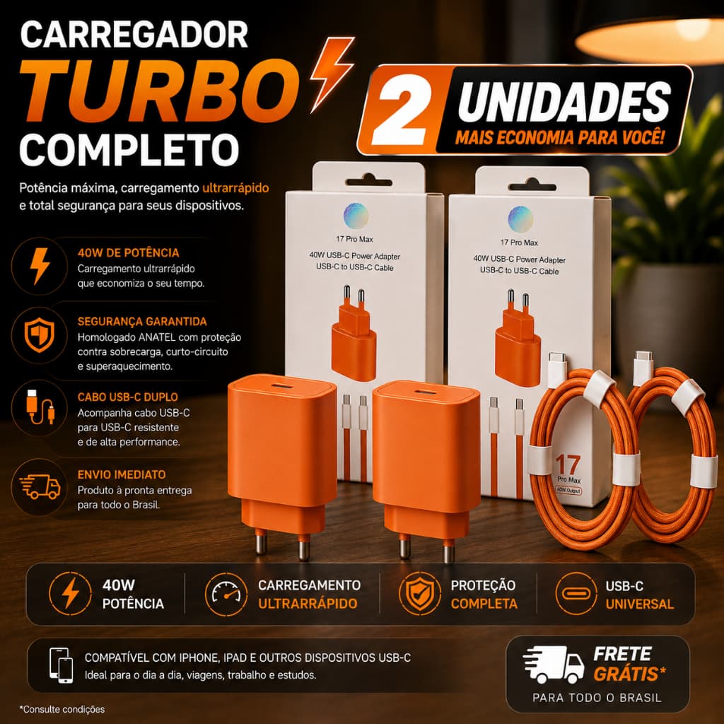 KIT 2 CARREGADORES Fonte E Cabo Turbo 40W iPhone 15 / 16 / 17 Premium Cabo Trançado