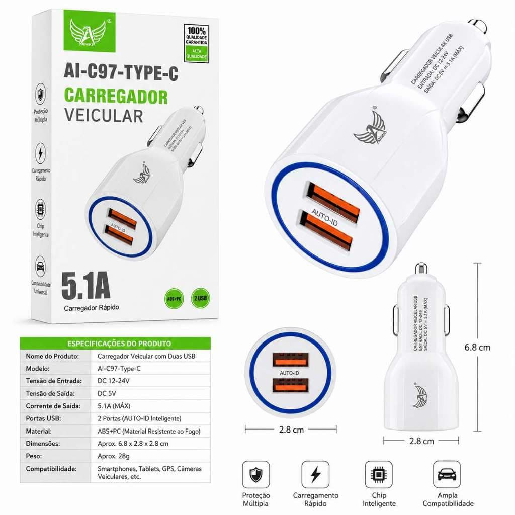 Carregador P/ Carro Carga Rápida Tipo C 5.1a 2 Usb