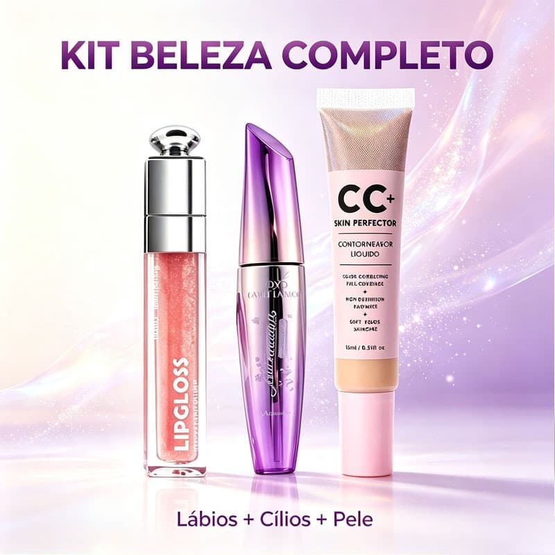 kit feminino cosméticos Conjunto de 3 peças: brilho labial, máscara de cílios e base líquida em tom natural.