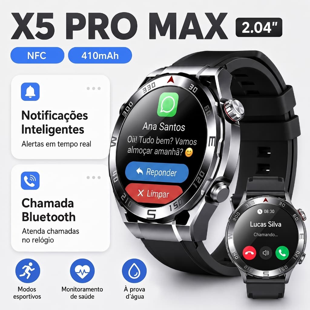 BML X5Pro Max SmartWatch Redondo| Tela AMOLED 2,04" |Chamada Bluetooth | Com Gps, Chatgpt,assistente De Voz|120 Modos Es