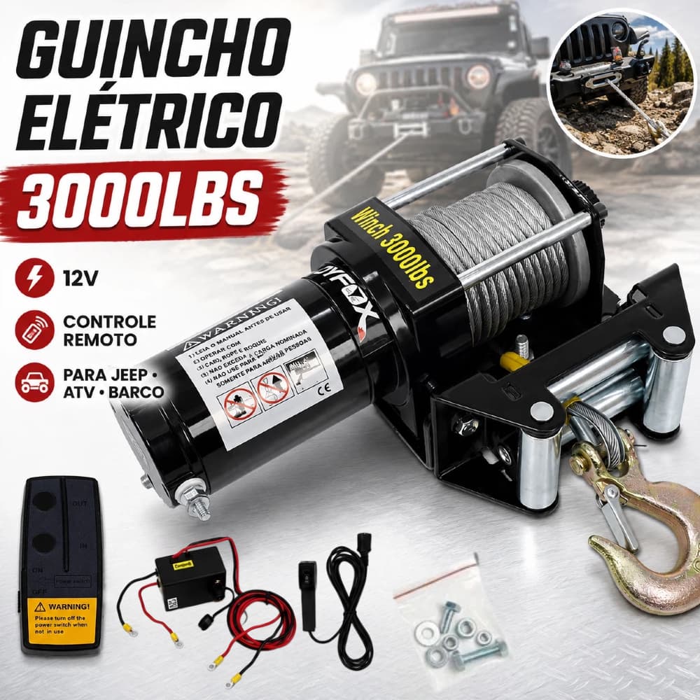 Guincho Elétrico 12V 3000lbs (1361kg)  Sem Fio para Quadriciclo, Jipe, Gaiola e Barco - Controle Remoto