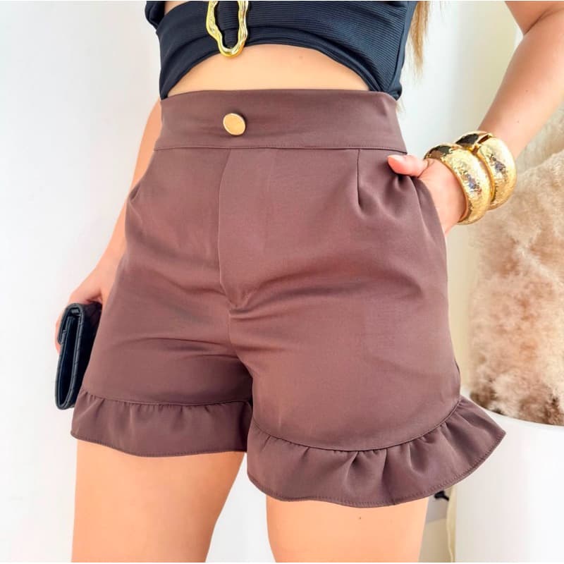 Short Feminino Alfaiataria Cintura Alta Babado Elegante Casual Confortável Social