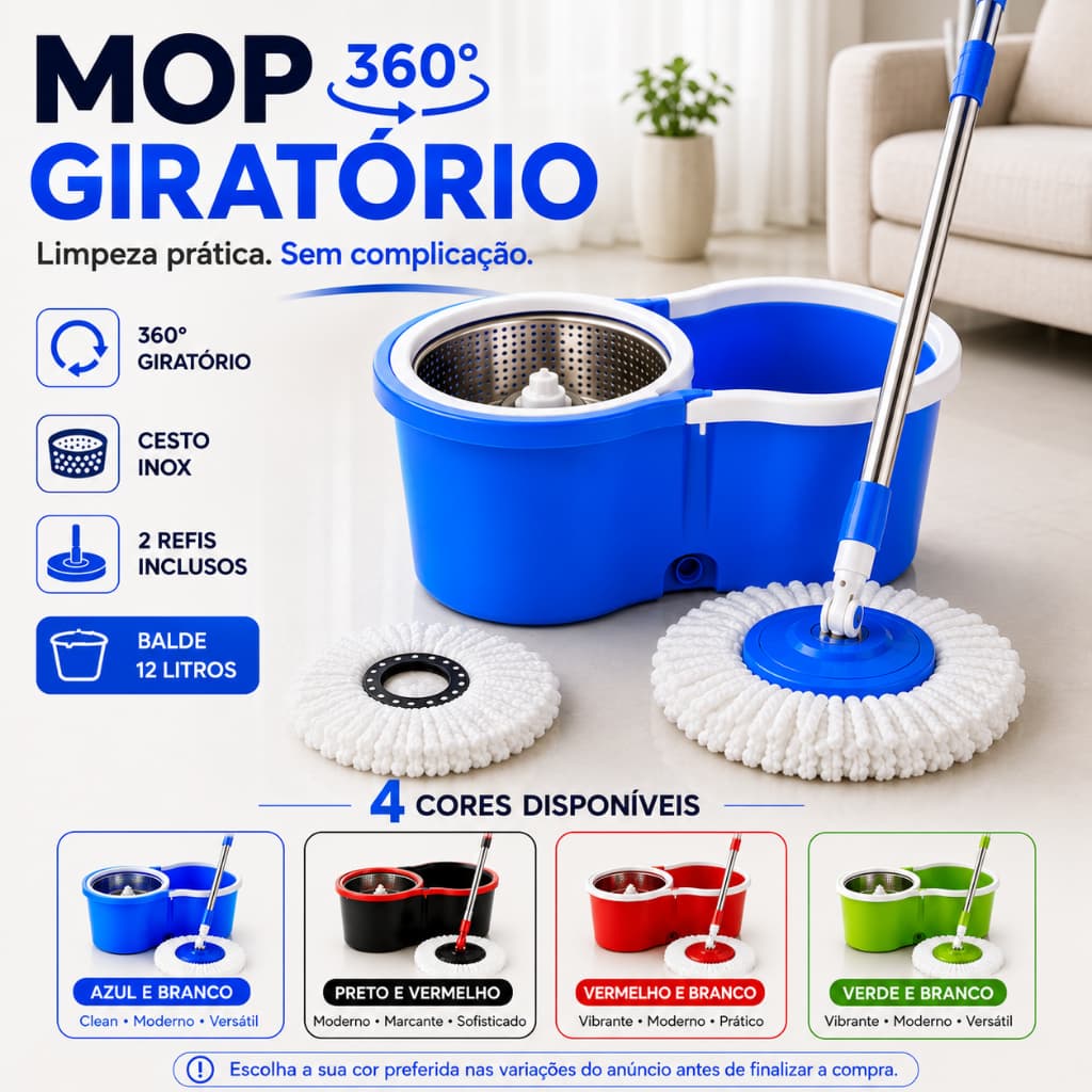 Mop Giratório 360° Desaguador Automático com Balde Cesto e Cabo Aço Inox + 2 Refis