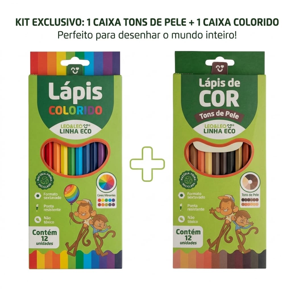 EXCLUSIVO - 24 LAPIS DE COR - 12 CORES + 12 CORES TONS DE PELE LEO & LEO ECOFLEX HEXAGONAL