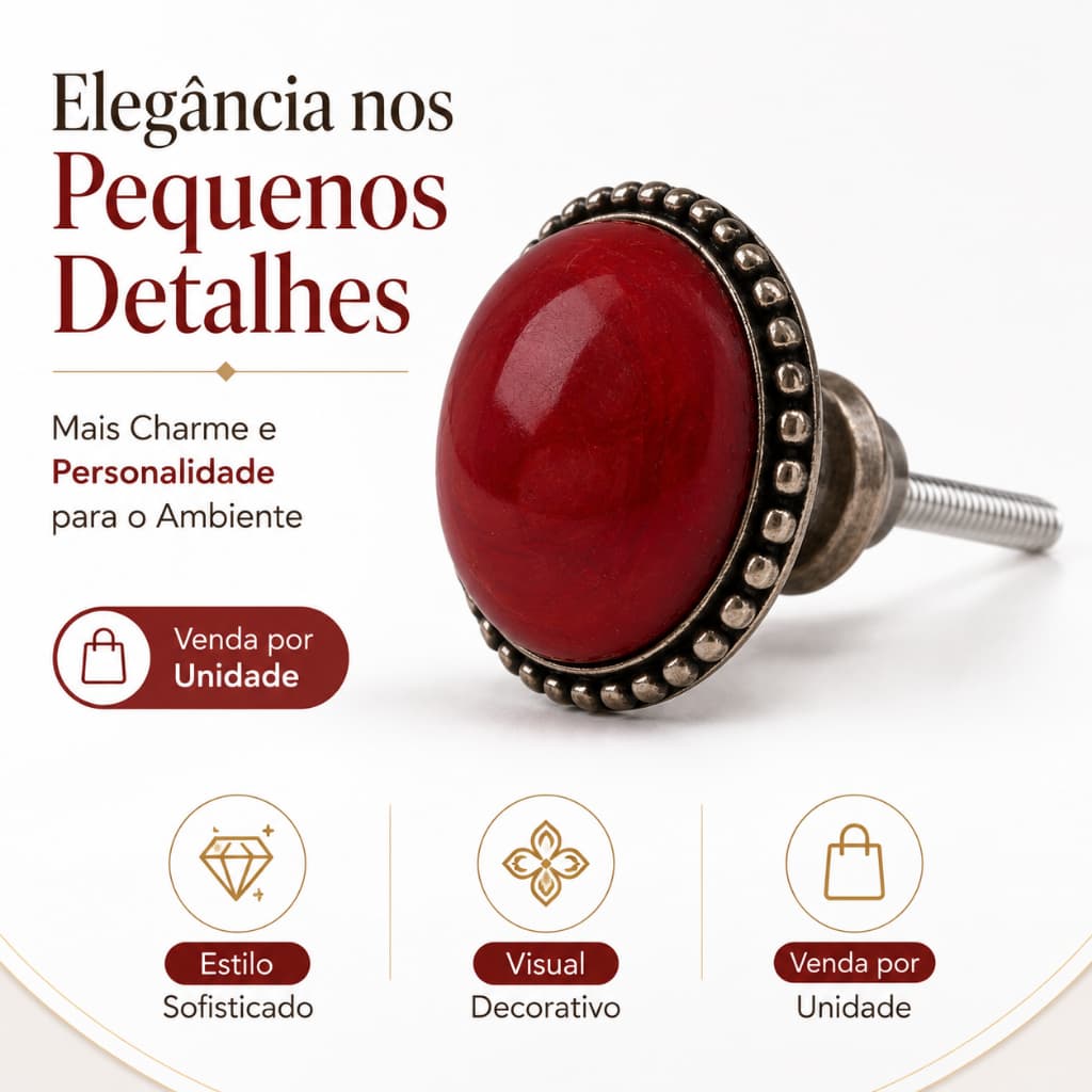 Puxador Redondo Vermelho Cerâmica e Metal Móveis Gavetas