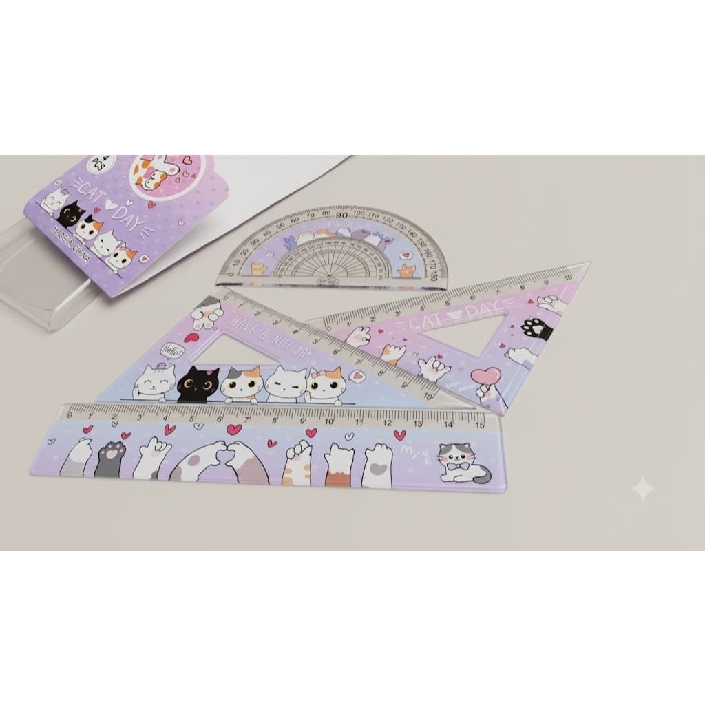 Kit escolar com transferidor, esquadro e mini régua de gatinho e astronauta