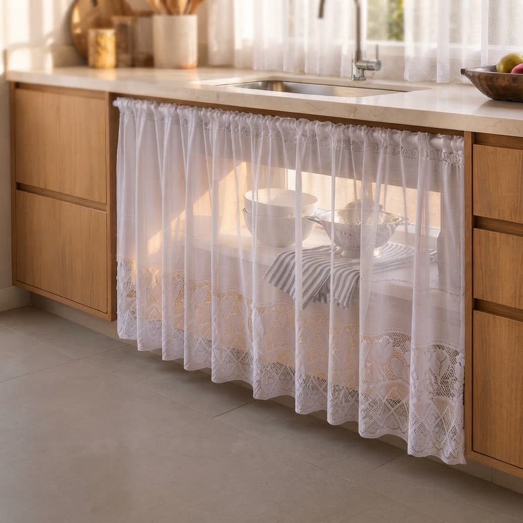 Cortina PIA de Cozinha Renda Tulipa Branca lisa Para Pia - Balcão - 0,80x3,00m Decoração