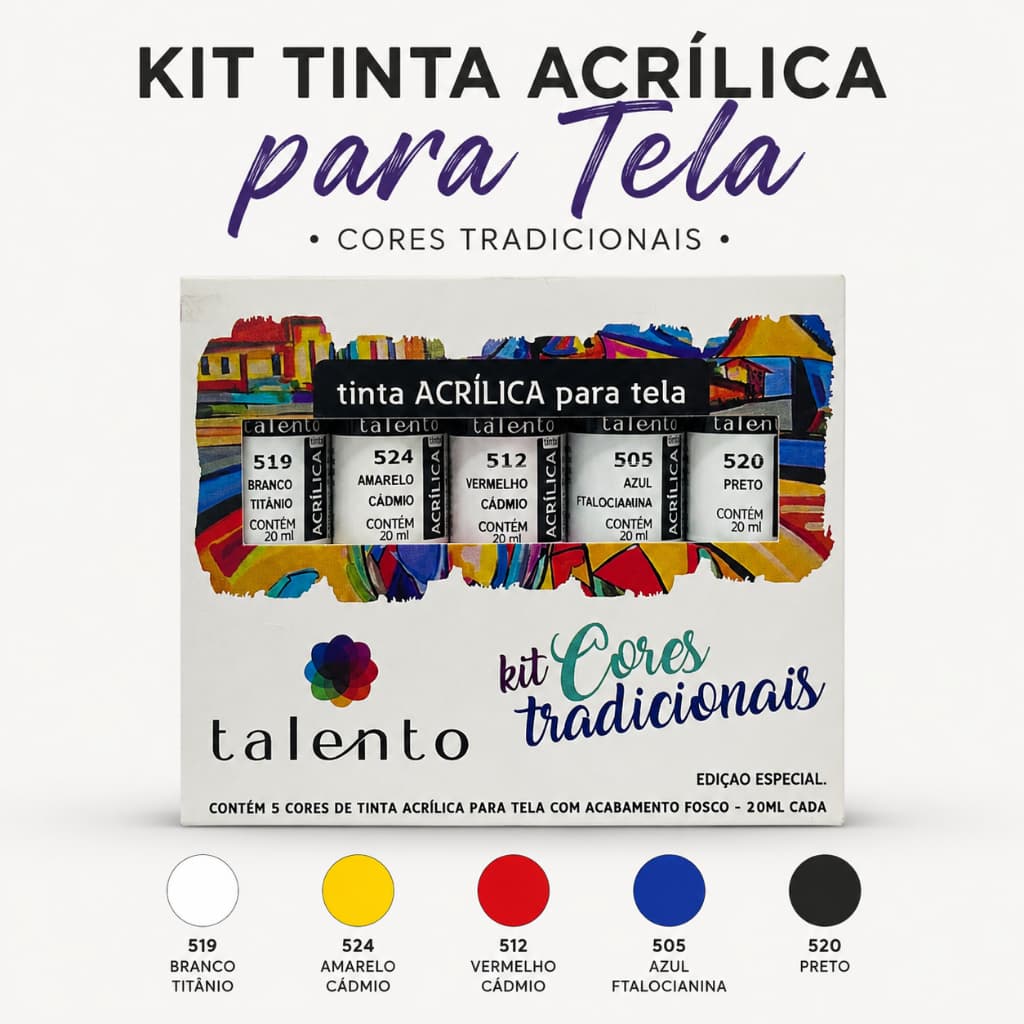 Kit Tinta Acrílica para Tela Talento – 5 Cores Tradicionais – 20ml Cada