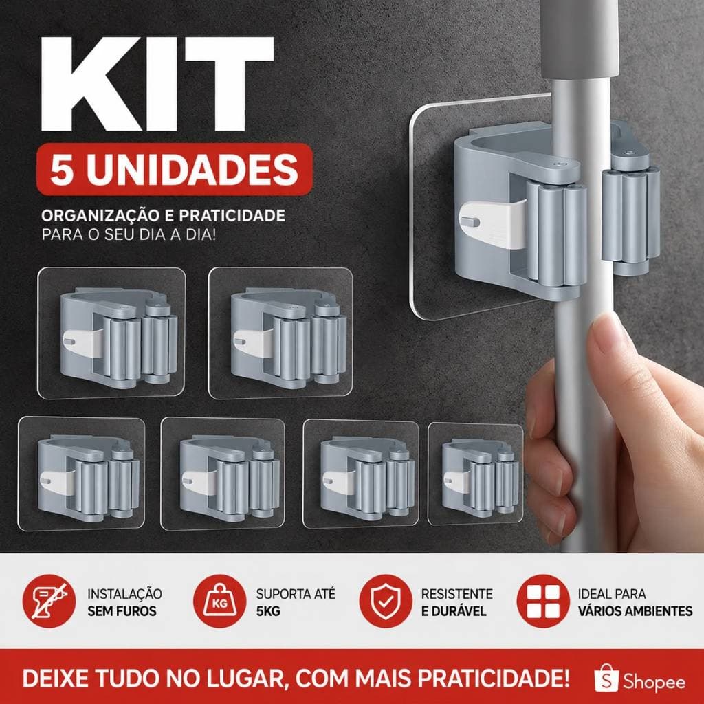 Suporte Organizador para Vassoura e Rodo - Autoadesivo - Kit 5 Unidades Porta Vassoura Parede Sem Furos Multiuso