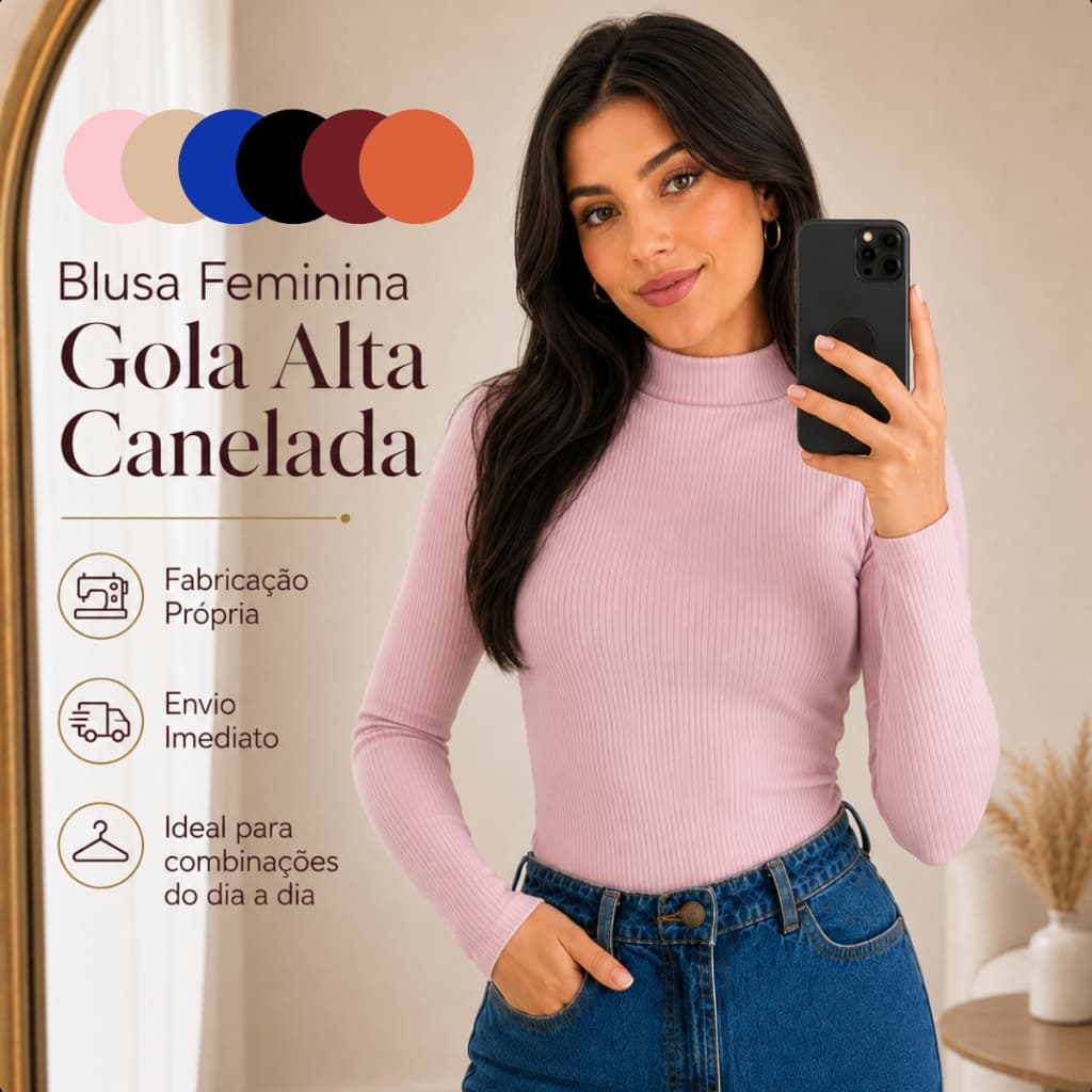 Blusa Feminina Manga Longa Gola Alta Canelada Básica Segunda Pele Cacharrel Inverno Frio Confortável