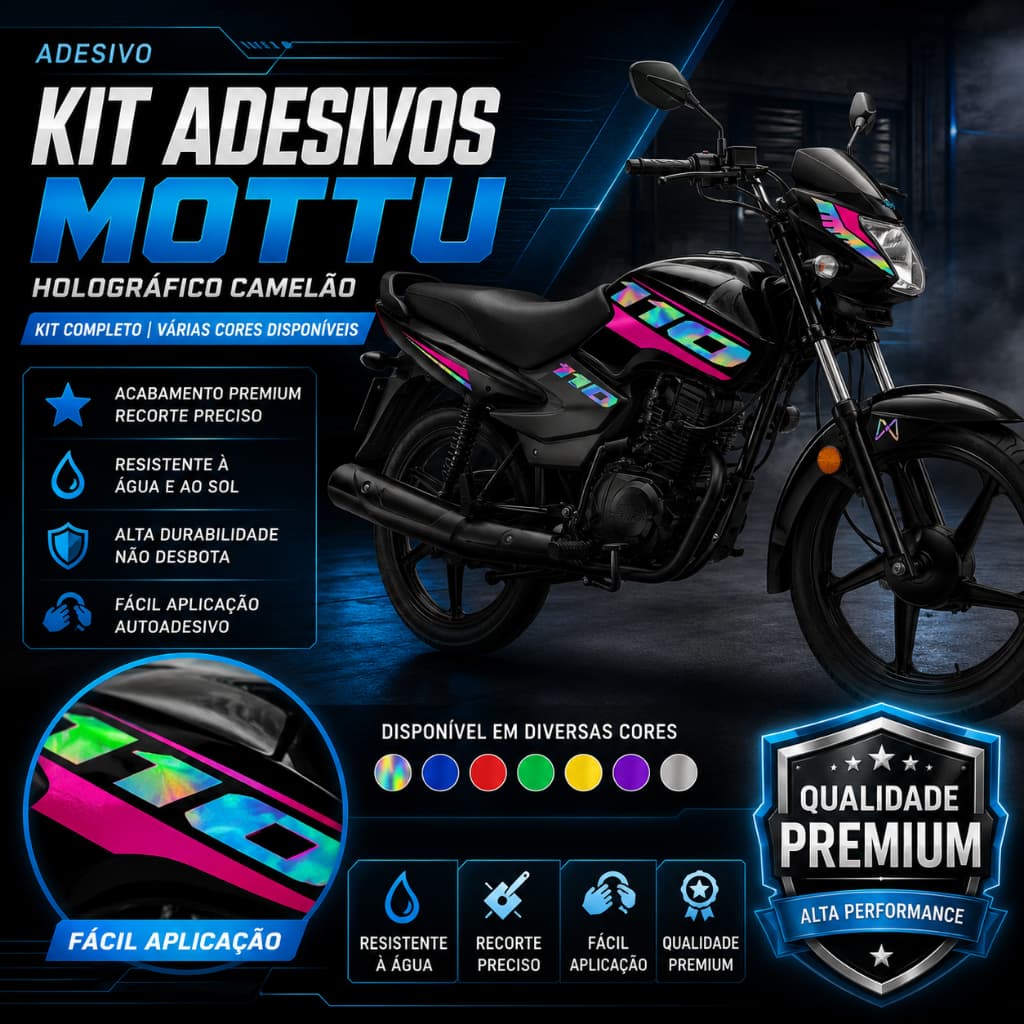 Kit Adesivos TVS  Mottu 110 Holográfico/camaleão Mod4– Completo Personalizado, Brilho Iridescente, Estilo Único!