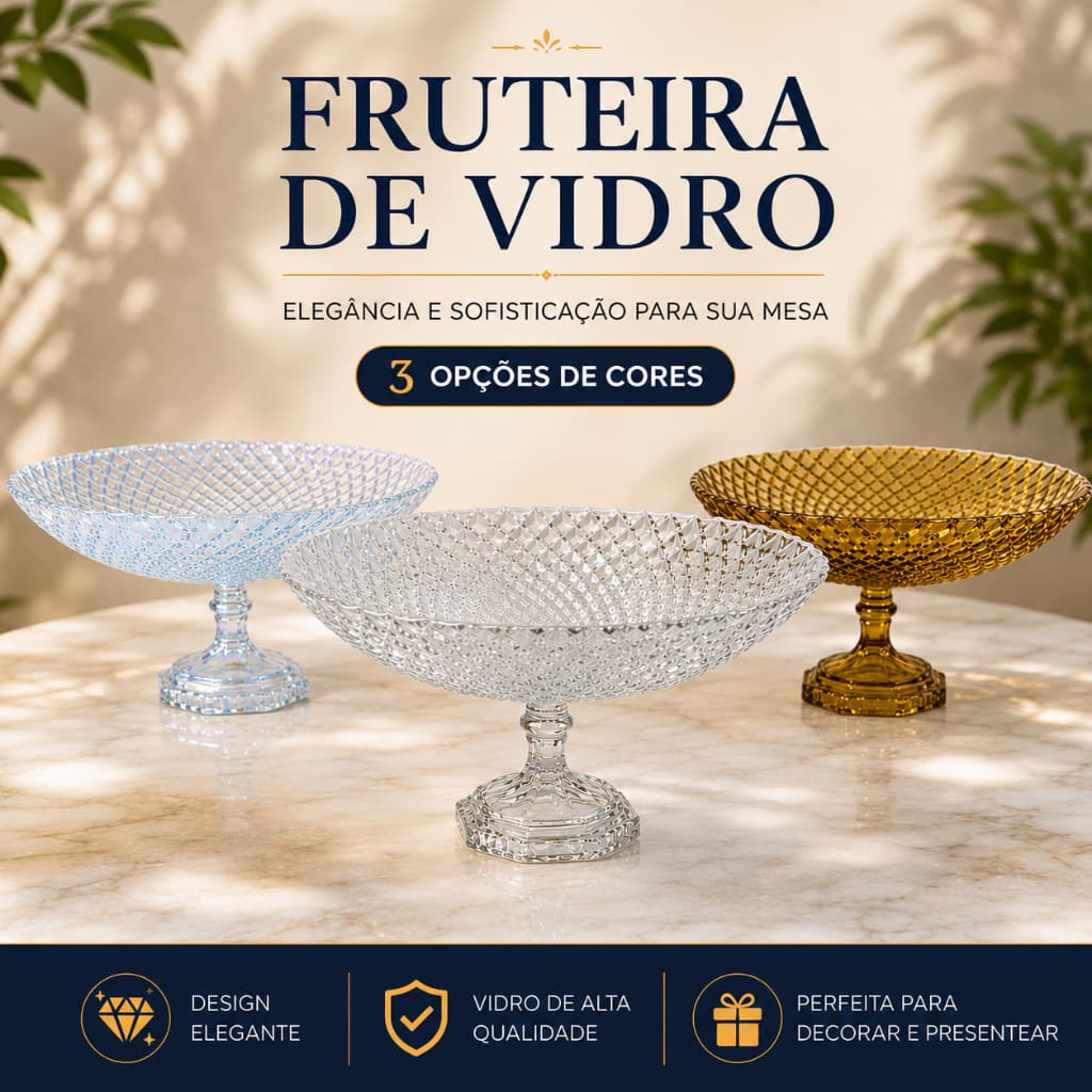 Fruteira de Vidro Centro de Mesa Transparente, Âmbar e Azul 26cm
