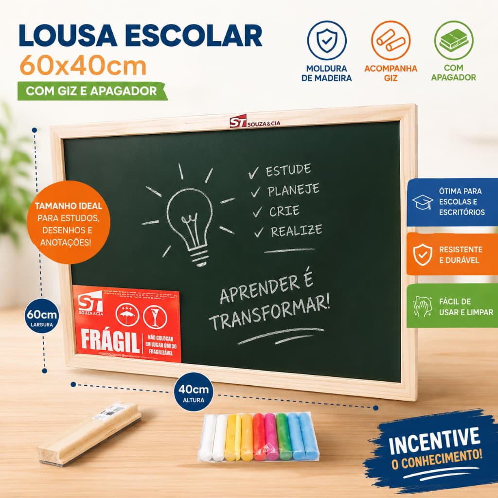 Lousa Escolar 60x40cm com Giz e Apagador | Quadro Negro com Moldura de Madeira