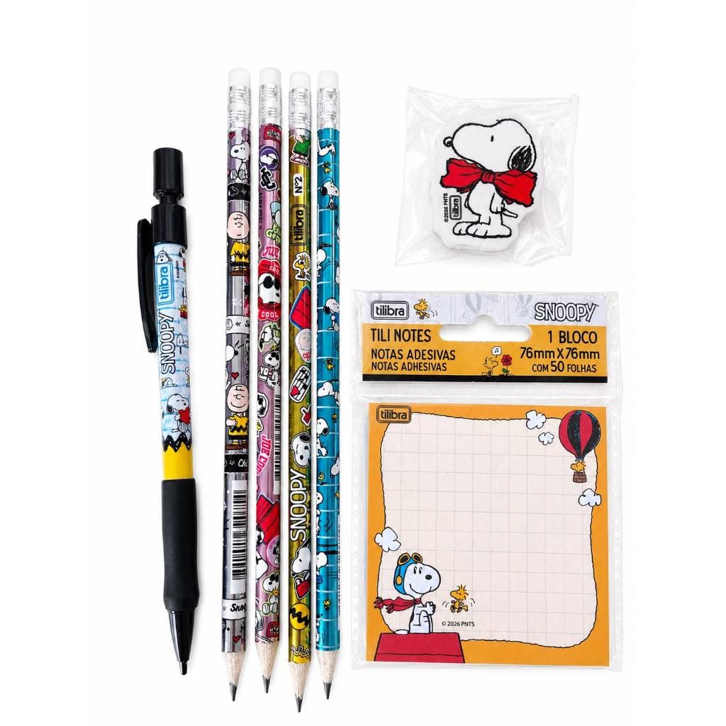 Kit do Snoopy / 1 Borracha + 4 lápis + 1 lapiseira + 1 bloco Snoopy Tilibra