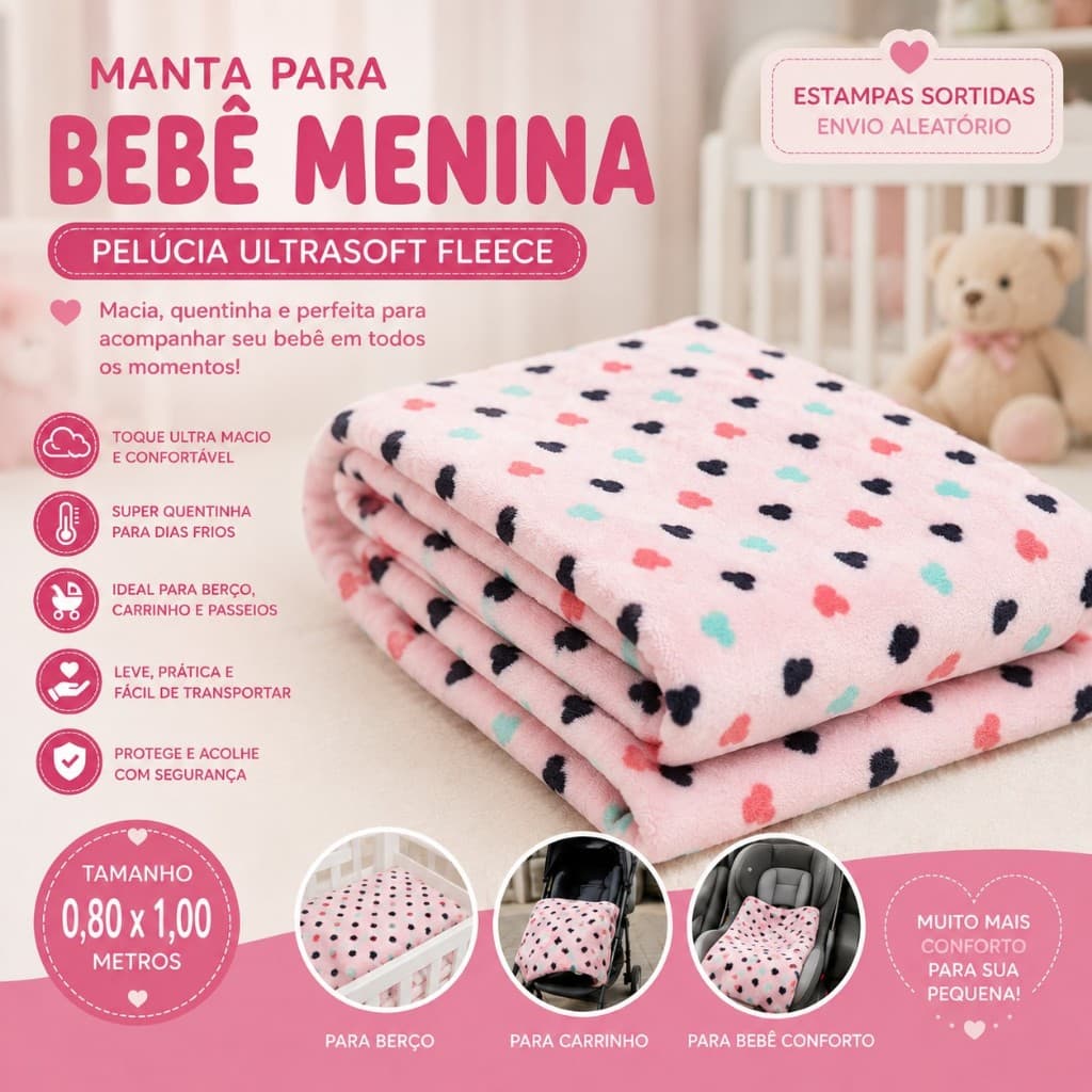 Manta para Bebê Menina Pelúcia Ultrasoft Fleece 80x1mt Macia Quentinha Infantil