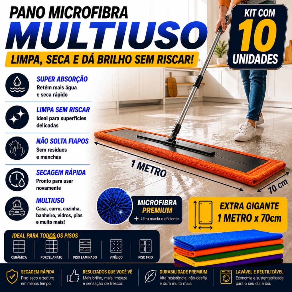 Kit C/ 10 Pano de Chão Microfibra Extra Gigante - 1 Metro x 70 Cm Neves - Cores Variadas - Multiuso