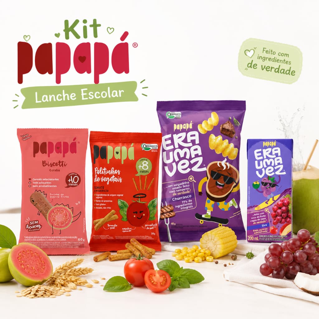 Kit Papapá Lanche Escolar Biscotti Goiaba Palitinho Tomate Salgadinho Churrasco Suco Uva