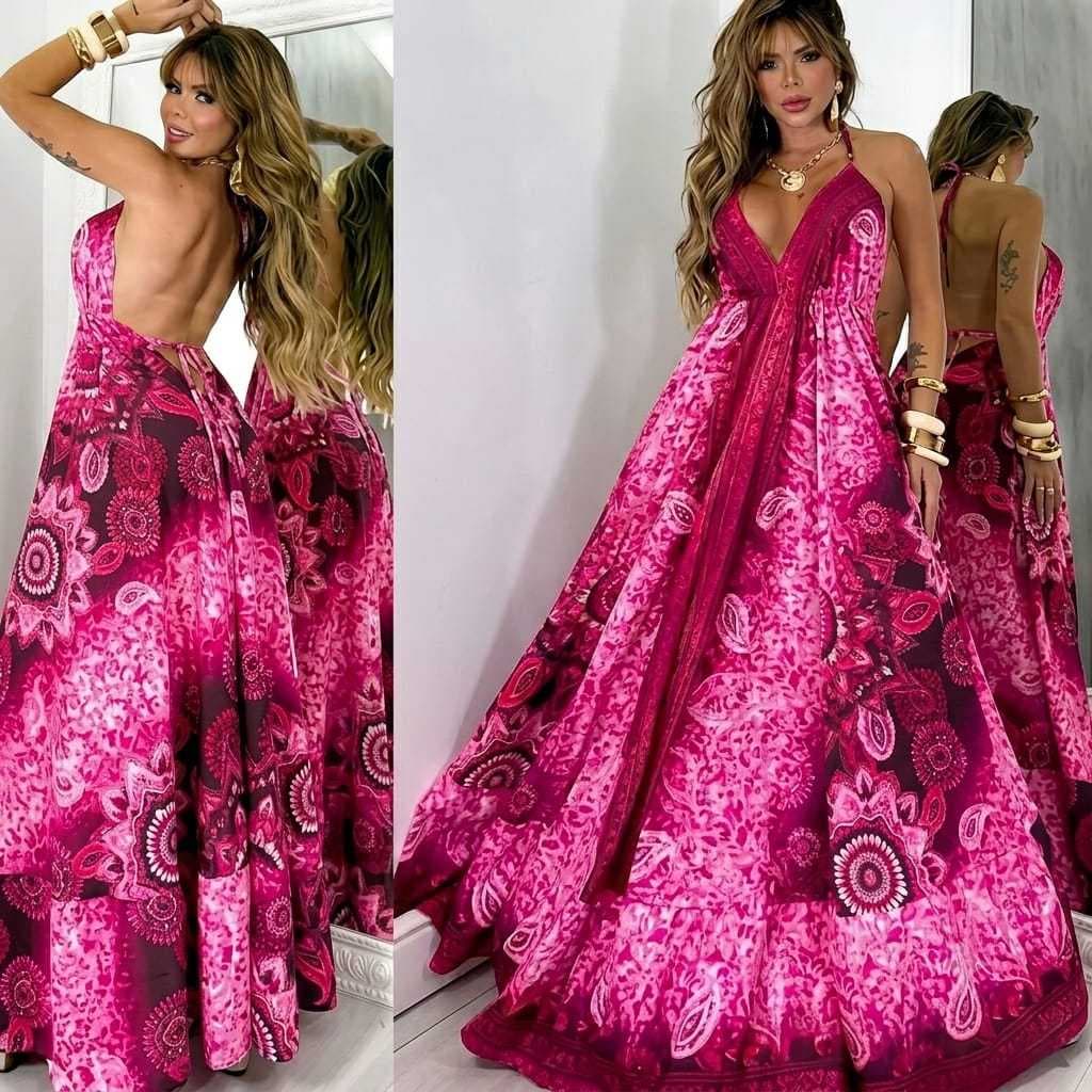 Vestido longo feminino decote v costas abertas indiano