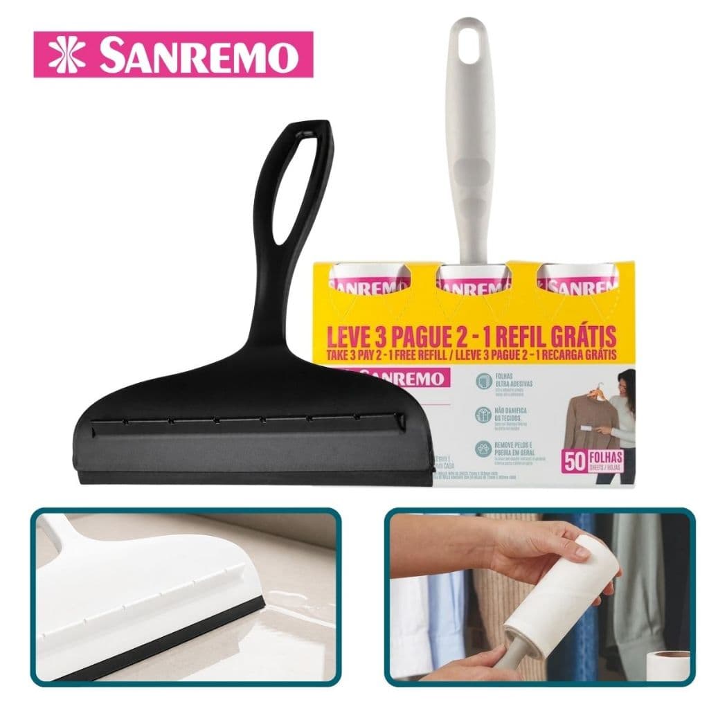 Kit Rodinho Pia Cozinha Preto + Tira Pelo Adesivo Rolo Refil Roupa Estofado Sanremo