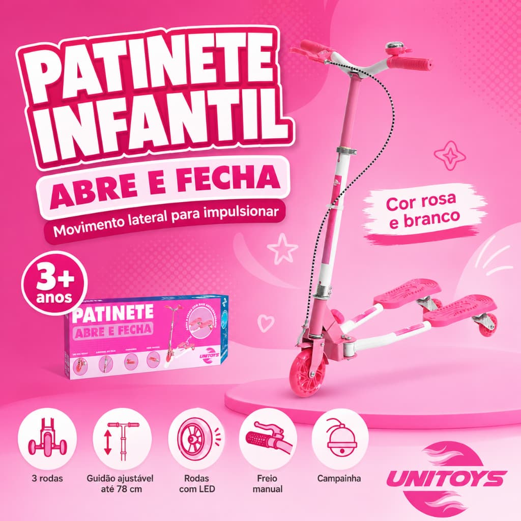 Patinete Infantil Abre e Fecha Rosa 3 Rodas com LED Guidão Ajustável Presente para Crianças 3 Anos+