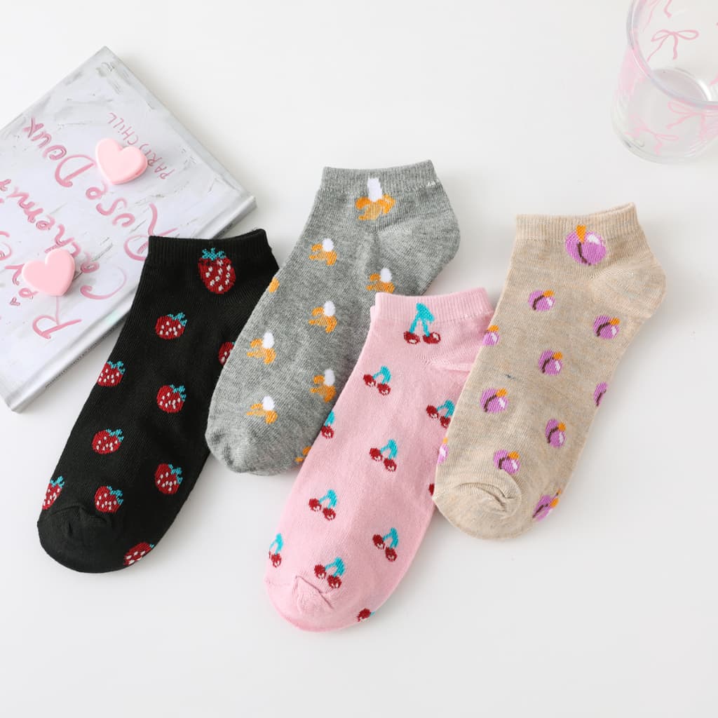 3/6/12 Pares Meias Femininas Cano Curto Estampada Kawaii Frutas Desenhos Fofos Macia Respirável Tamanho 35-40