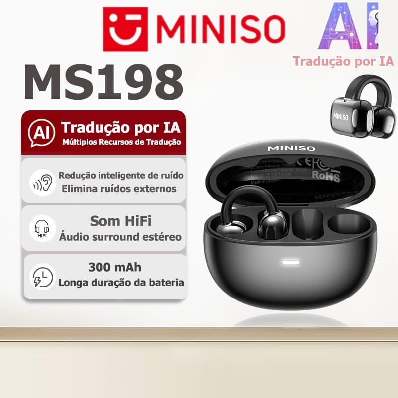 Fone Bluetooth MINISO MS198 com tradução por IA, Bluetooth 6.0, som HiFi, áudio surround estéreo, resistente à água IPX5