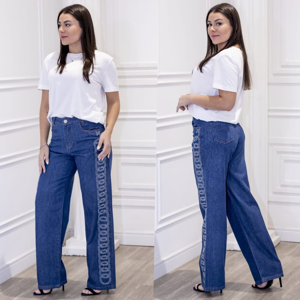 Calça Jeans Wide Leg Com Strass na Lateral, Cintura Alta - Modelo Infinity