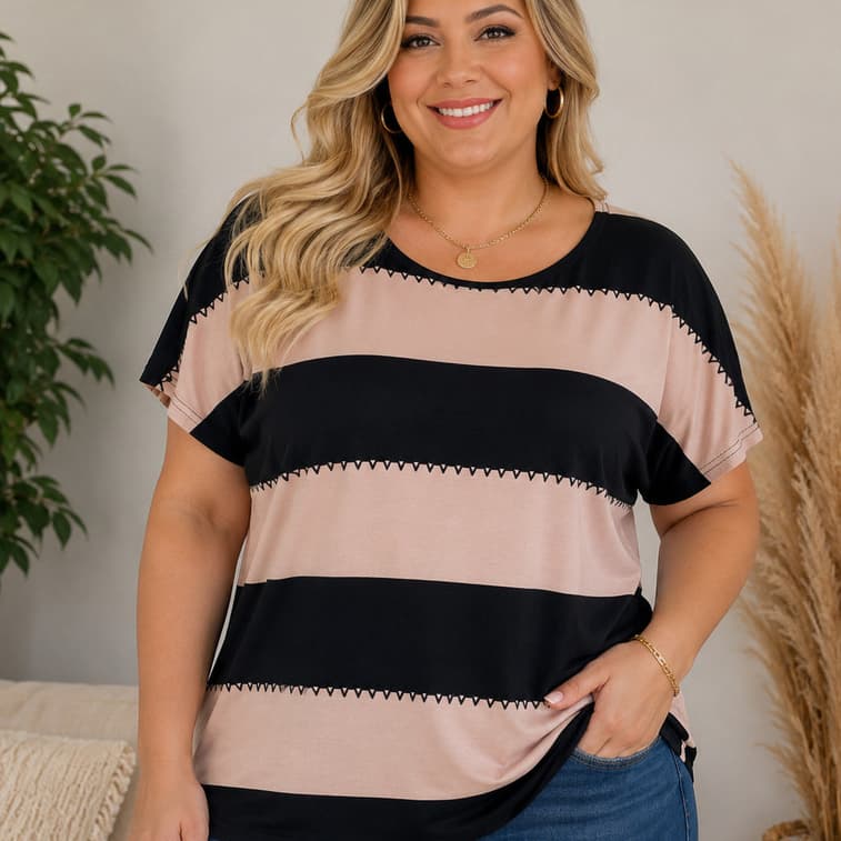 Blusa Feminina Plus Size Malha Listrado Verão Importado Moda Verão 2536