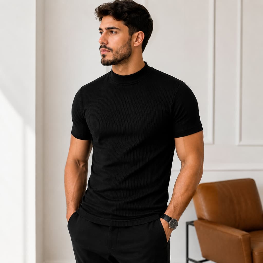 Camiseta Canelada Masculina Ajuste Slim Casual Americano