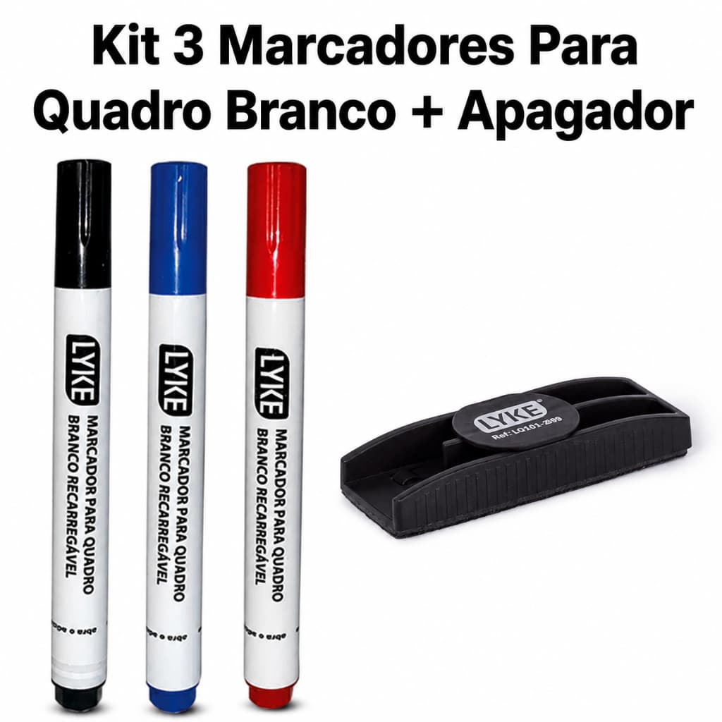 Kit 3 Marcadores Para Quadro Branco + Apagador Magnético Para Quadro Branco - Preto Azul Vermelho