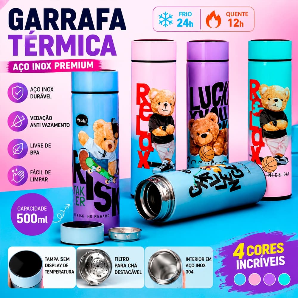 Garrafa Térmica 500ml Infantil/Adulto Antivazamento Café Chá Água Conserva Quente e Frio Até 12h