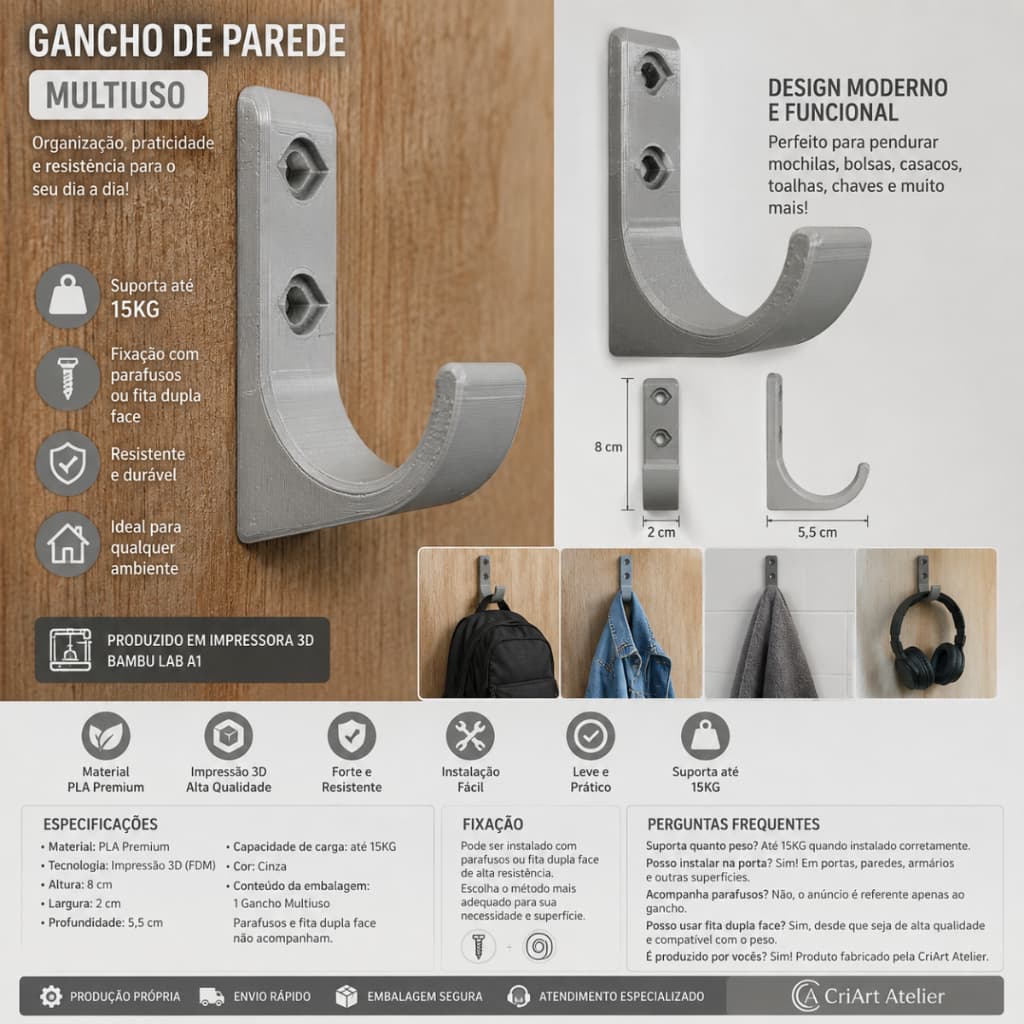 Gancho De Parede Multiuso Reforçado Suporte Para Mochila Porta Bolsa Casaco Toalha Chaves Até 15kg Impressão 3D PLA