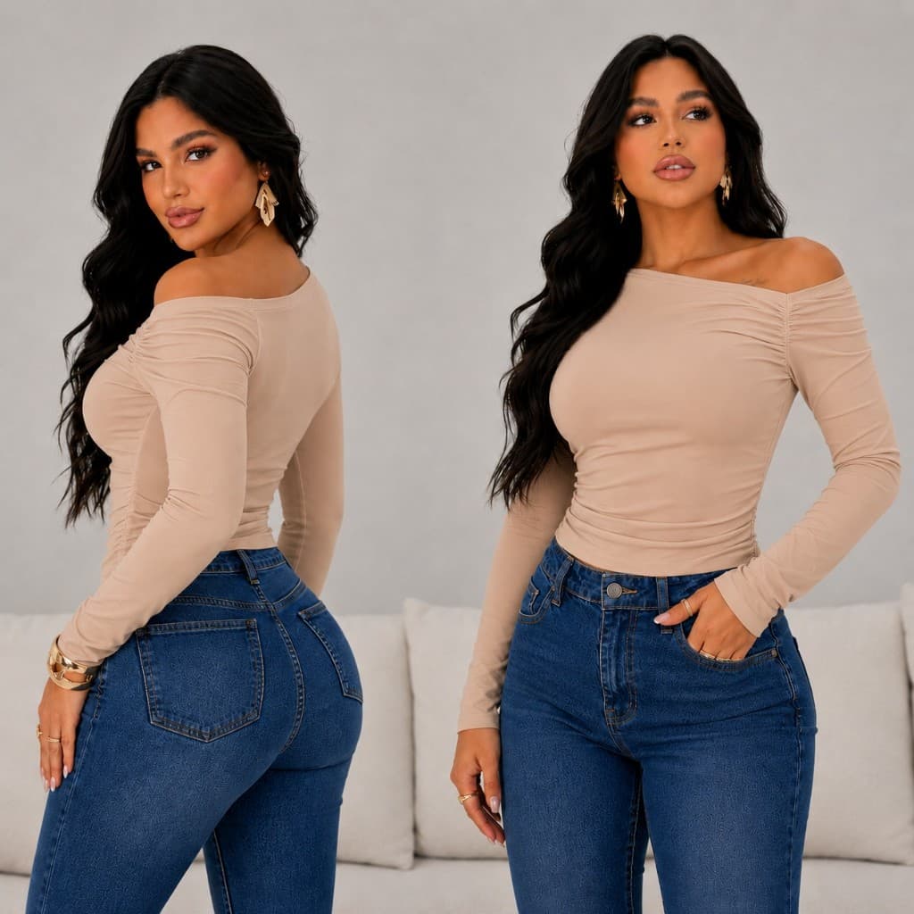 Blusa Feminina Manga Longa Comprida Ombro a Ombro Drapeada Elegante Casual.