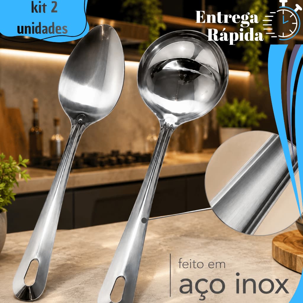 Kit Utensílio Inox Cozinha 2 Peças Concha Colher Arroz  Profissional Buffet Restaurante Sopas Caldos Feijão Praticidade