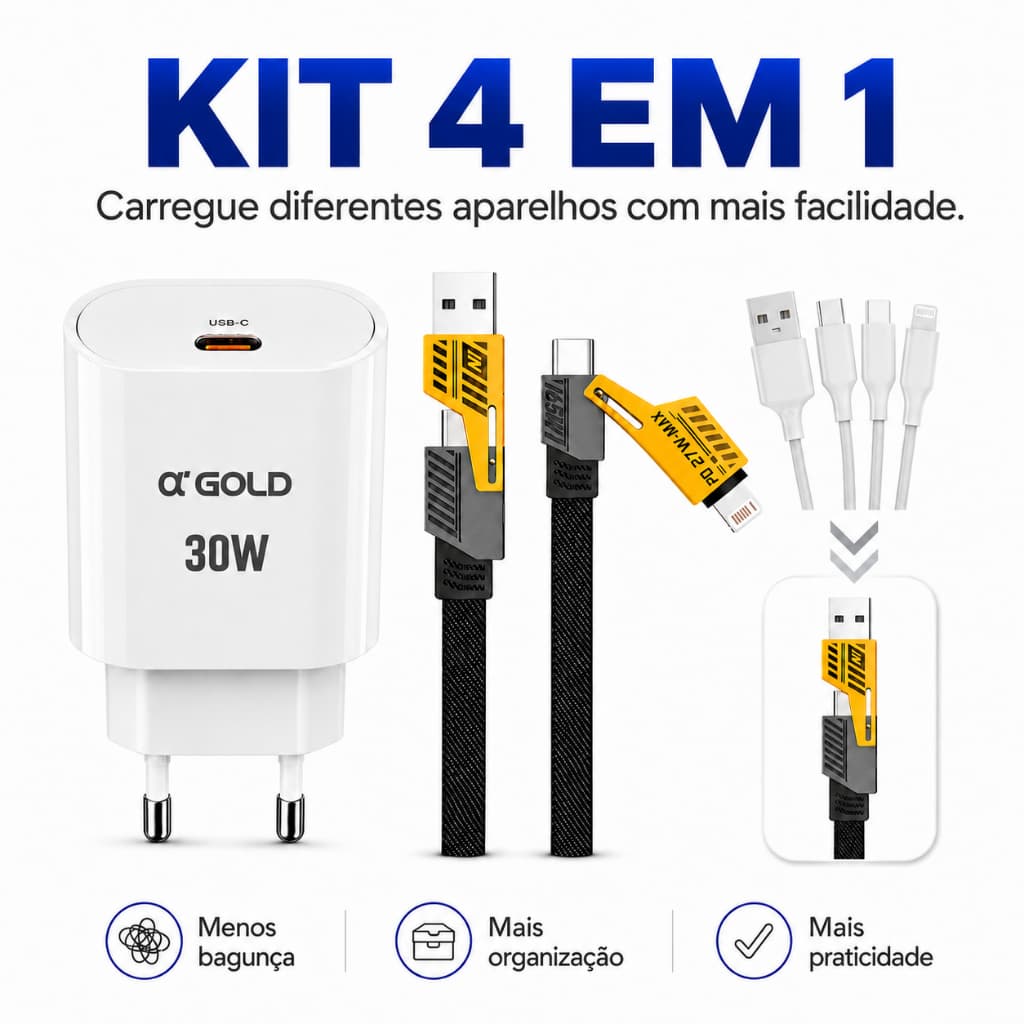 Kit 4 em 1 Carregador Turbo 30W USB-C + Cabo 4 em 1 Tipo-C Lightning USB para iPhone e Android