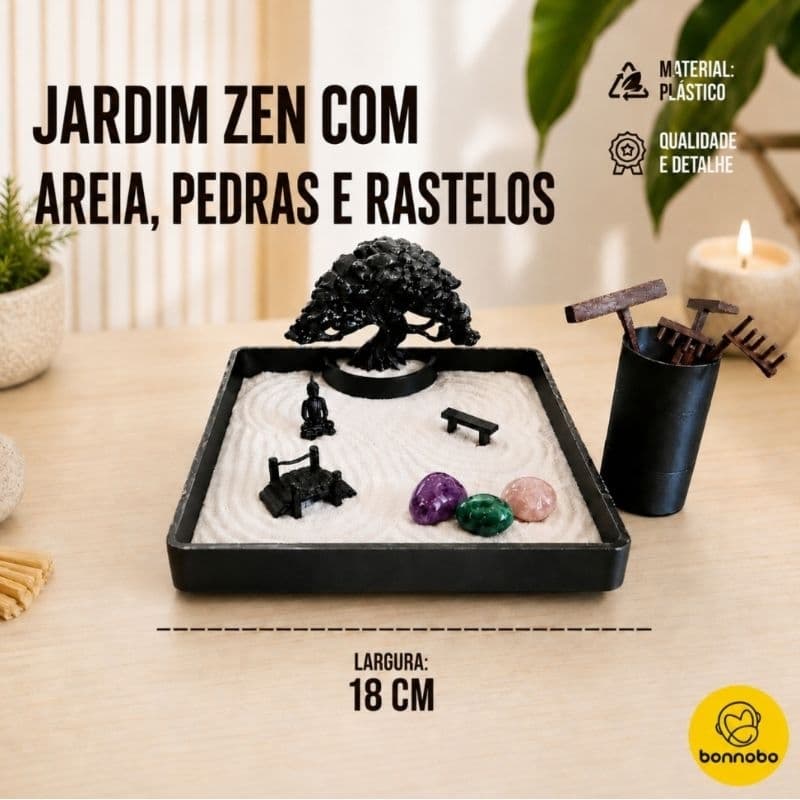 Jardim Zen com itens Decorativos, Areia Branca, Pedras e Rastelos - Decoração p/ Cantinho Meditação.
