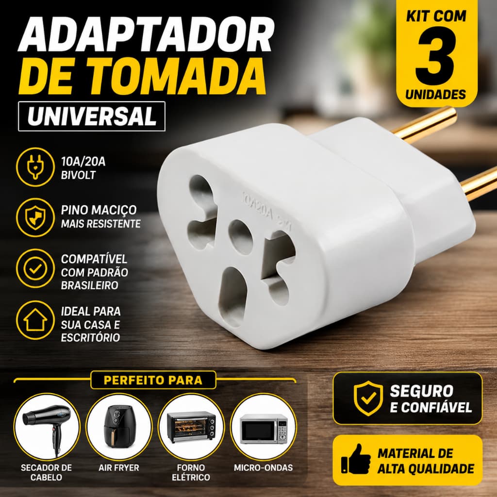 Adaptador de Tomada Universal 10A/20A Pino Maciço Para Forno Elétrico Secador Air Fryer Kit 3