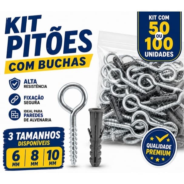 Kit Pitão Gancho com Bucha. Gancho Fechado de parede Com 50 / 100 UNIDADES. Forro isopor e Drywall