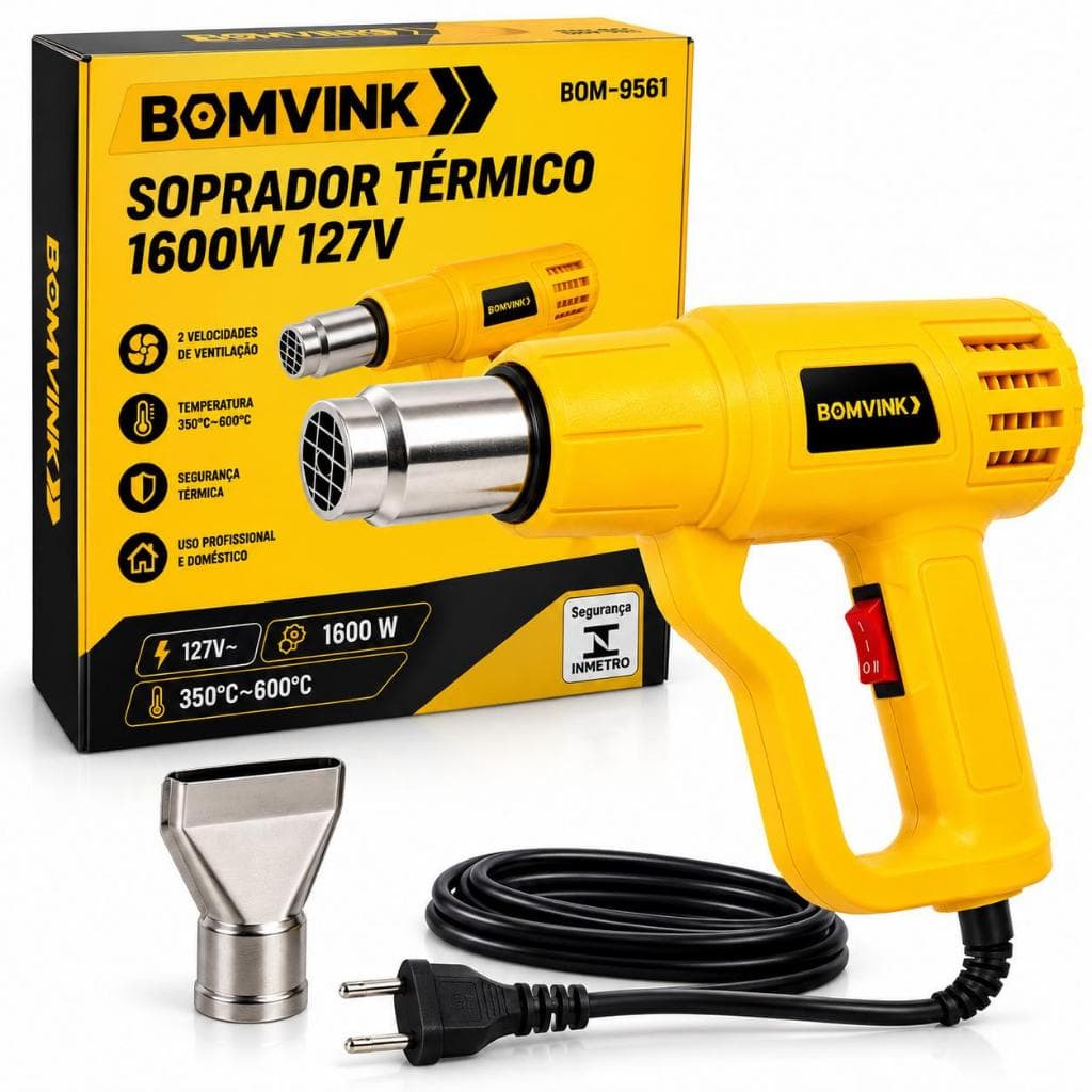 Soprador Térmico Bomvink 1600W 127V Pistola de Ar Quente 350°C a 600°C 2 Velocidades para Solda e Reparos