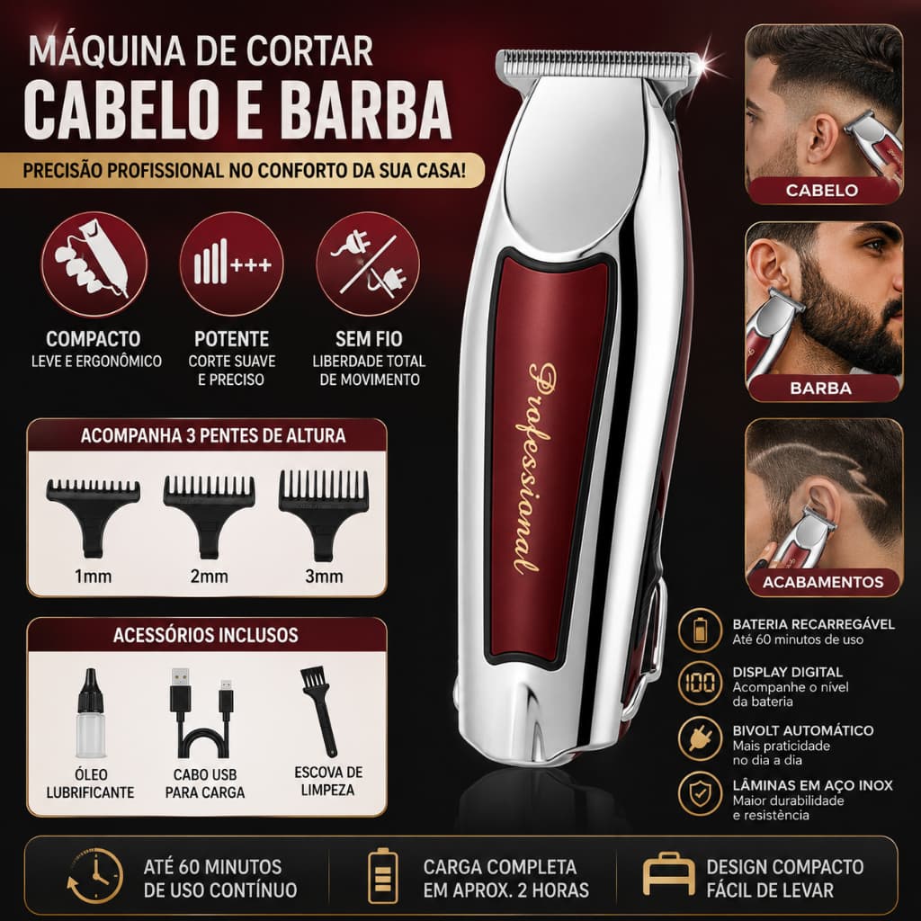 Máquina de Cortar Cabelo Barba Aparador de Pelos Recarregável Sem Fio Lâmina Aço Inox Bivolt