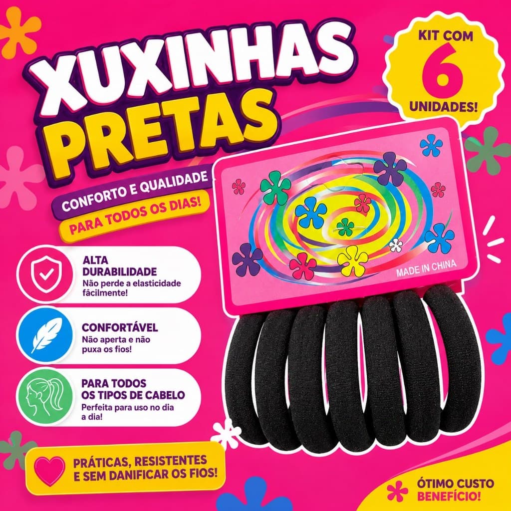 Kit 6 Xuxinhas Pretas para Cabelo | Elástico Grosso, Resistente, Não Puxa os Fios e Alta Durabilidade