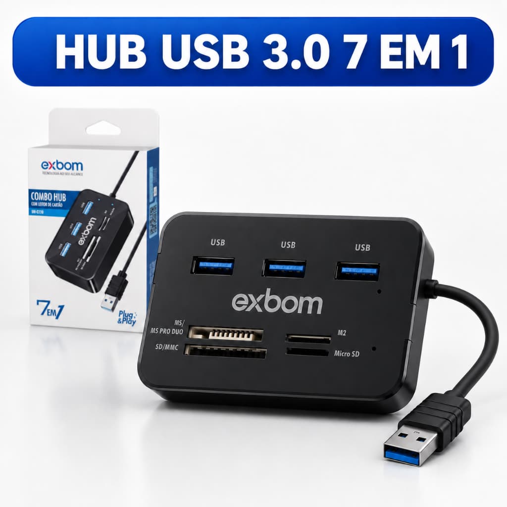 Hub 3 x USB 2.0 com leitor de cartão de memoria 7 em 1 EXBOM UH-R230