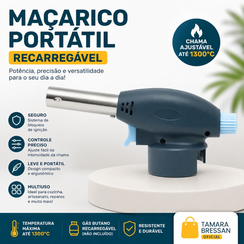 Maçarico Portátil Recarregável Gás Butano Chama Ajustável Até 1300°C para Culinária e Artesanato