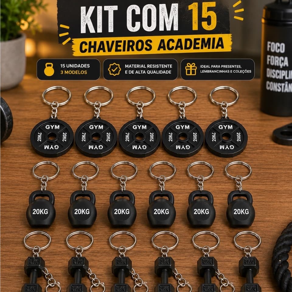 Kit 15 Chaveiros Academia 3D - 5 Anilhas + 5 Kettlebells + 5 Halteres | Lembrancinhas Fitness Personalizadas